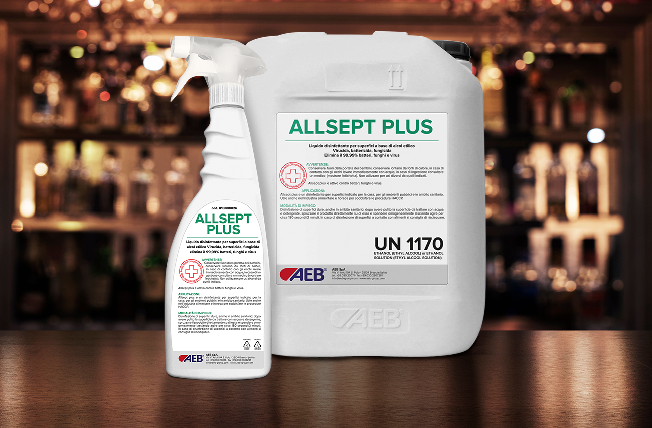 Packaging disinfettante posizionato sulla superficie sanificata di un'industria alimentare "Immagine pack ALLSEPT PLUS su superficie sanificata di un'industria alimentare"