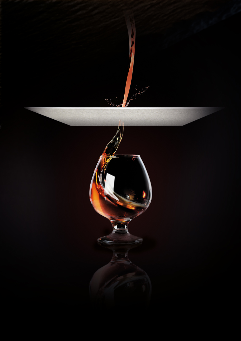 Clear brandy passing through a suspended filter and pouring into a tasting glass “Clear brandy passing through filter and pouring into glass”